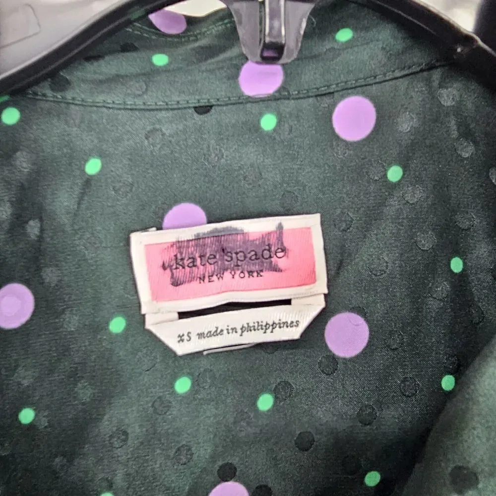 Kate Spade Pine Forest Green Pop Dots Blouse Size XS Silk Blend
